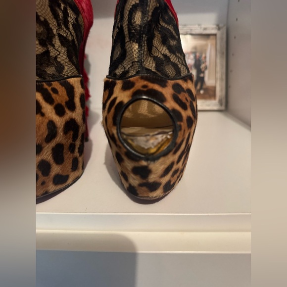 Christian Louboutin Leopard Print/Red Pony Hair and Black Lace Aeronotoc Booties - Picture 9 of 12